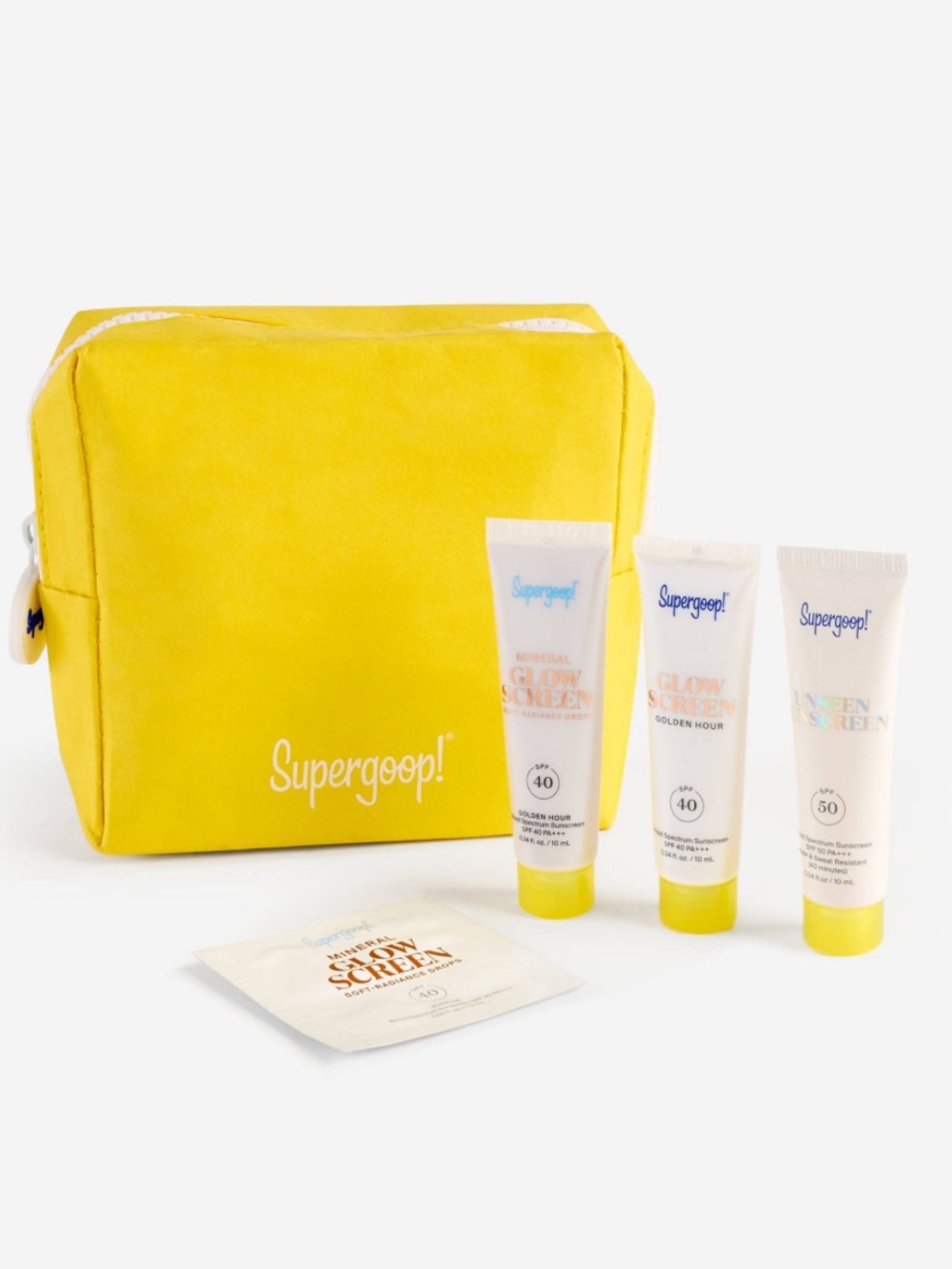 Supergoop! Sun Care Set with Yellow Travel Pouch- 3 Deluxe Travel and 1 Sample